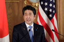 Shinzo Abe, Japan's prime minister, speaks during a news conference with U.S. President Donald Trump, not pictured, at Akasaka Palace in Tokyo, Japan, November 6, 2017. PHOTO BY REUTERS/Kiyoshi Ota