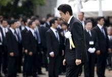 Japan's Prime Minister Shinzo Abe attends a ceremony commemorating the 70th anniversary of the 1945 atomic bombing of the city, at Nagasaki's Peace Park in Nagasaki, western Japan, August 9, 2015. PHOTO BY REUTERS/Toru Hanai