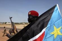 An SPLA soldier is pictured behind a South Sudan flag as he sits on the back of a pick-up truck in Bentiu, Unity state, January 12, 2014. PHOTO BY REUTERS/Andreea Campeanu