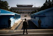 South Korean soldiers stand guard at the truce village of Panmunjom inside the demilitarized zone (DMZ) separating the two Koreas, South Korea, April 18, 2018. Picture taken on April 18, 2018. PHOTO BY REUTERS/Kim Hong-Ji