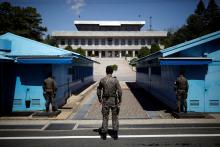 South Korean soldiers stand guard at the truce village of Panmunjom inside the demilitarized zone separating the two Koreas, South Korea, April 11, 2018. PHOTO BY REUTERS/Kim Hong-Ji