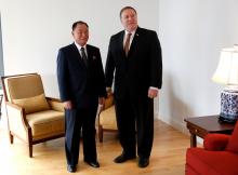 North Korean envoy Kim Yong Chol poses with U.S. Secretary of State Mike Pompeo during their meeting in New York, U.S., May 31, 2018. PHOTO BY REUTERS/Mike Segar