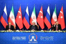 President Vladimir Putin of Russia, Hassan Rouhani of Iran and Tayyip Erdogan of Turkey attend a news conference following their meeting in Tehran, Iran, September 7, 2018. PHOTO BY REUTERS/Kirill Kudryavtsev/Pool