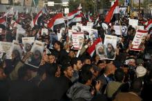 Supporters of Shi'ite cleric Moqtada al-Sadr protest against the execution of Shi'ite Muslim cleric Nimr al-Nimr in Saudi Arabia, during a demonstration in Baghdad, January 4, 2016. PHOTO BY REUTERS/Thaier Al-Sudani