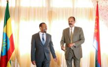Eritrea's President, Isaias Afwerki talks to Ethiopia's Prime Minister, Abiy Ahmed in Addis Ababa, Ethiopia, July 16, 2018. PHOTO BY REUTERS/Tiksa Negeri