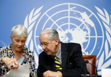 Paulo Pinheiro, Chairperson of the Commission of Inquiry on Syria (R), talks with Karen Abuzayd, member of the Commission, before a news conference at the United Nations office in Geneva, Switzerland, September 6, 2017. PHOTO BY REUTERS/Denis Balibouse