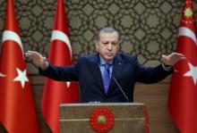 Turkish President Tayyip Erdogan makes a speech during his meeting with mukhtars at the Presidential Palace in Ankara, Turkey, October 19, 2016. PHOTO BY REUTERS/Murat Cetinmuhurdar