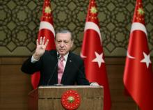 Turkish President Tayyip Erdogan makes a speech during his meeting with mukhtars at the Presidential Palace in Ankara, Turkey, February 8, 2017. PHOTO BY REUTERS/Yasin Bulbul/Presidential Palace
