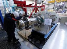 A technician works on Pemdyn loop which study the behaviour of a large flow rate electro-magnetic pump at the Cadarache CEA (Atomic Energy Authority) site near Saint-Paul-les-Durance, south eastern France