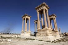 A view shows the Tetrapylon, one of the most famous monuments in the ancient city of Palmyra, in Homs Governorate, Syria, April 1, 2016. PHOTO BY REUTERS/Omar Sanadiki