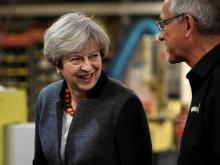 Britain's Prime Minister Theresa May makes a campaign stop at a company in St Yves, Cornwall, May 2, 2017. PHOTO BY REUTERS/Dylan Martinez