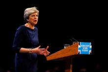 Britain's Prime Minister Theresa May addresses the Conservative Party conference in Manchester, October 4, 2017. PHOTO BY REUTERS/Phil Noble