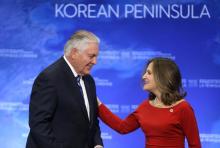 U.S. Secretary of State Rex Tillerson speaks with Canada’s Minister of Foreign Affairs Chrystia Freeland during the Foreign Ministers’ Meeting on Security and Stability on the Korean Peninsula in Vancouver, British Columbia, Canada, January 16, 2018. PHOTO BY REUTERS/Ben Nelms