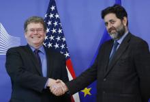 European Union chief negotiator Ignacio Garcia Bercero poses with U.S. chief negotiator Dan Mullaney (L) at the start of the 2nd round of EU-US trade negotiations for Transatlantic Trade and Investment Partnership in Brussels