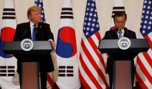 U.S. President Donald Trump and South Korea’s President Moon Jae-in hold a news conference at South Korea’s presidential Blue House in Seoul, South Korea, November 7, 2017. PHOTO BY REUTERS/Jonathan Ernst