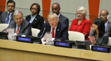 U.N. Secretary General Antonio Guterres (L) and U.S. Ambassador to the U.N. Nikki Haley watch as U.S. President Donald Trump speaks during a session on reforming the United Nations at U.N. Headquarters in New York, U.S., September 18, 2017. PHOTO BY REUTERS/Lucas Jackson