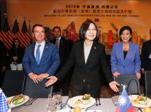 Taiwanese President Tsai Ing-wen, U.S. Representative Ed Royce, and U.S. Congresswoman Judy Chu attend the Los Angeles Overseas Chinese Banquet in Los Angeles, California, U.S., August 12, 2018. PHOTO BY REUTERS/Ringo Chiu 