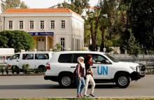 The United Nation vehicle carrying the Organisation for the Prohibition of Chemical Weapons (OPCW) inspectors is seen in Damascus, Syria, April 17, 2018. PHOTO BY REUTERS/Omar Sanadiki
