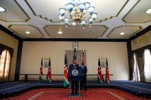 Kenya's President Uhuru Kenyatta (front) and his Deputy William Ruto deliver a statement to members of the media at the State House in Nairobi, Kenya, September 21, 2017. PHOTO BY REUTERS/Baz Ratner