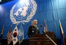 Canadian Lieutenant General Wayne Eyre, deputy commander of the United Nations Command in South Korea, speaks during a news conference before a repatriation ceremony for remains transferred by North Korea, at Osan Air Base in Pyeongtaek, South Korea, August 1, 2018. PHOTO BY REUTERS/Jung Yeon-je