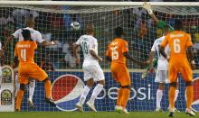 Ivory Coast's Wilfried Bony (unseen) scores his second goal during their quarter-final soccer match of the 2015 African Cup of Nations against Algeria in Malabo, February 1, 2015. PHOTO BY REUTERS/Amr Abdallah Dalsh