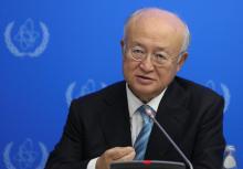 International Atomic Energy Agency (IAEA) Director General Yukiya Amano speaks during a news conference dedicated to the opening of the Low Enriched Uranium (LEU) Bank in Oskemen, in Astana, Kazakhstan, August 29, 2017. PHOTO BY REUTERS/Mukhtar Kholdorbekov