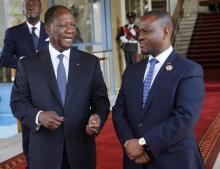 Guillaume Soro, President of Ivory Coast National Assembly talks with Ivory Coast's President Alassane Ouattara (L) at the presidential palace in Abidjan, October 24, 2014. PHOTO BY REUTERS/Luc Gnago